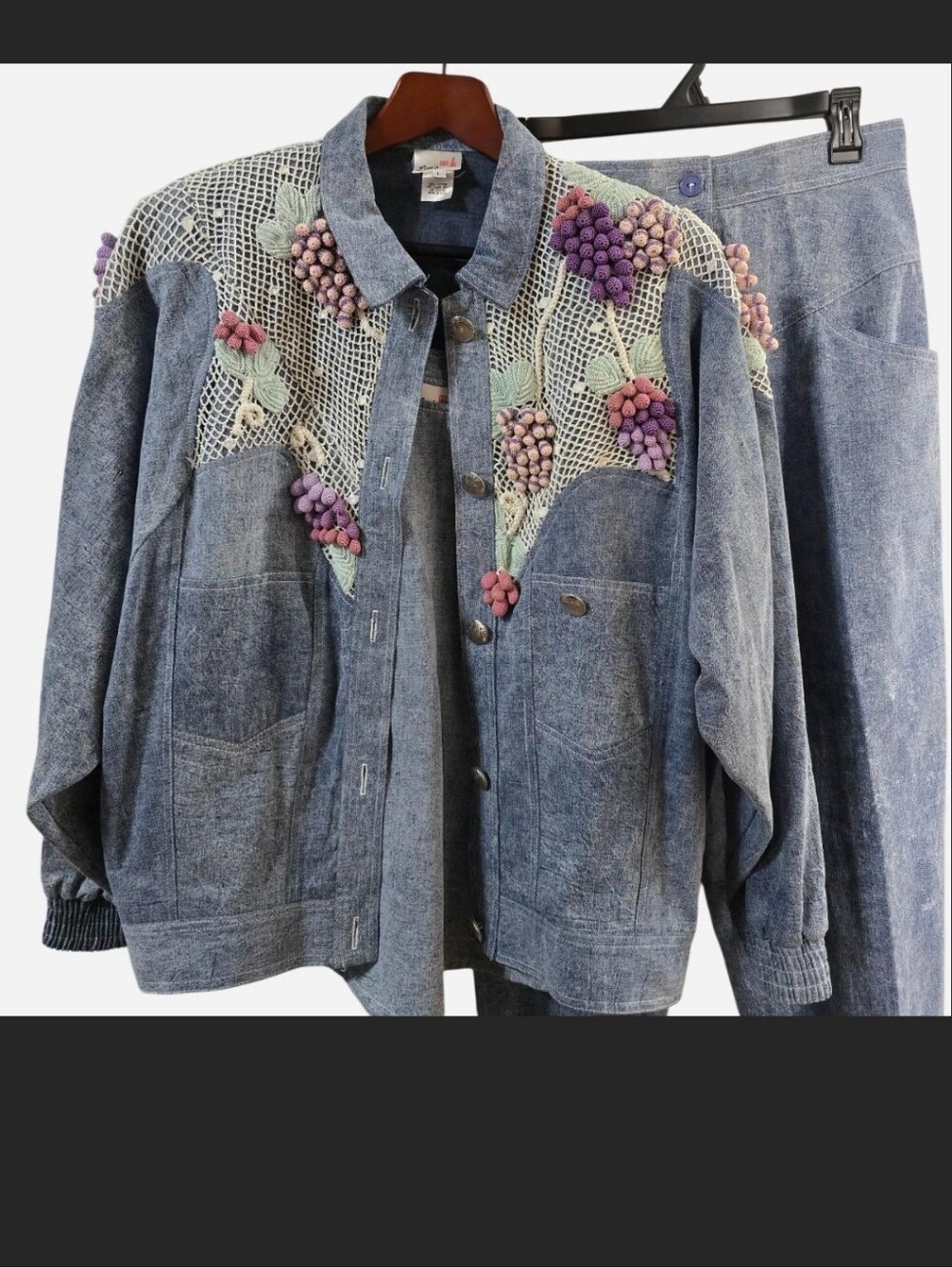 Vintage Lim's 3 Piece Denim Grape Appliqué Set USA Made Size Large